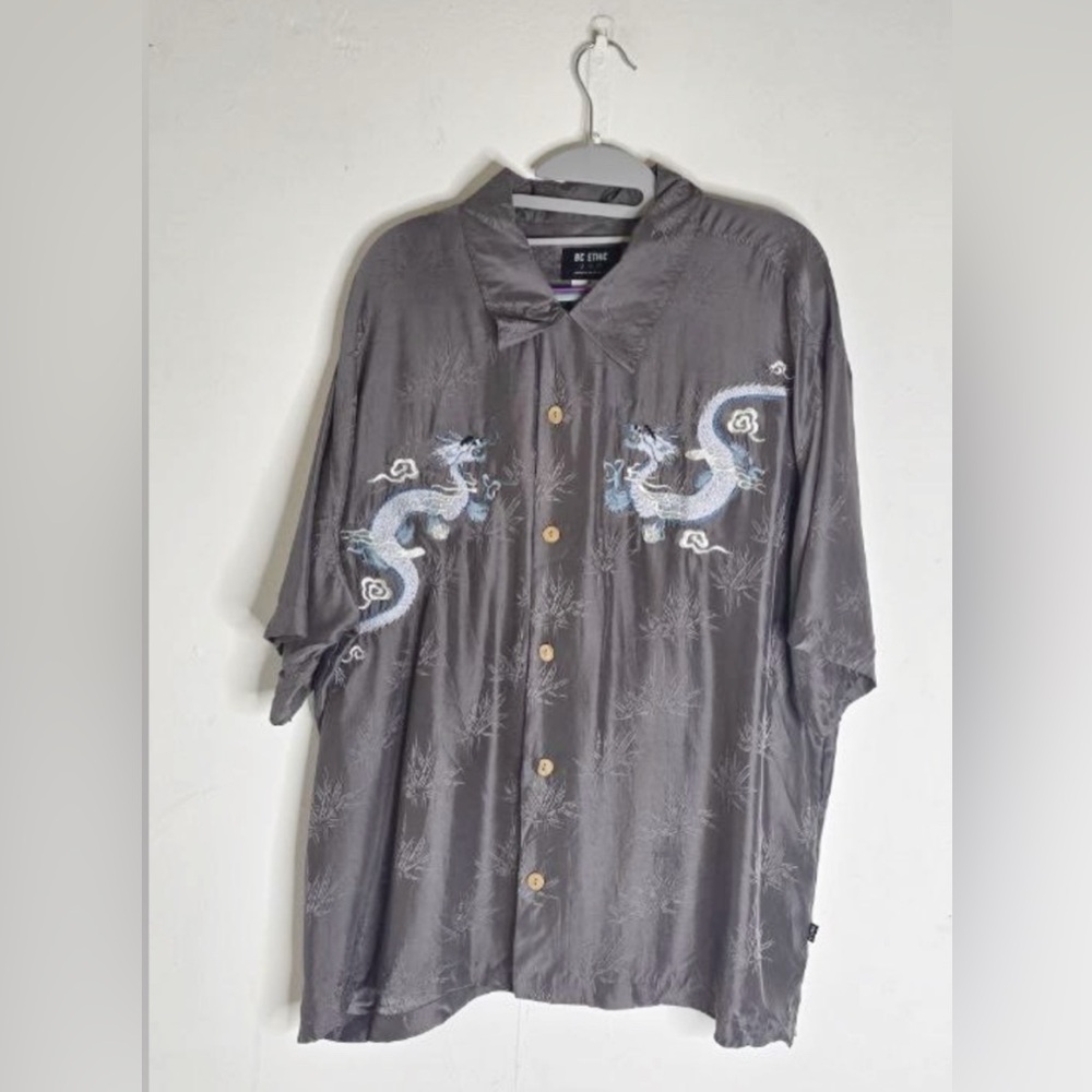 Vintage BC Ethic 100% Silk Embroidered Dragons Button Down Shirt